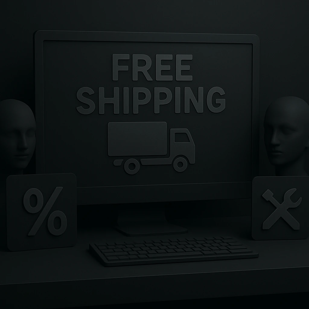 Grafický symbol počítača s nápisom „Free Shipping“ a ikonou nákladného auta ako symbol bezplatnej dopravy.