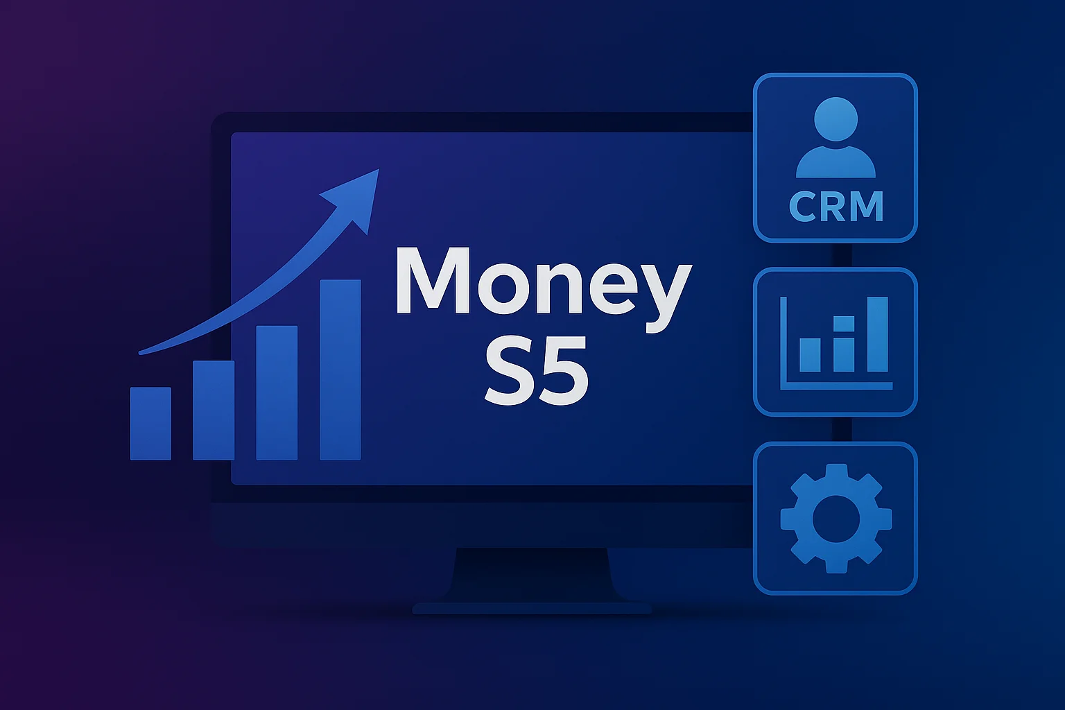 Obrazovka so softvérom Money S5, obklopená ikonami CRM, grafu a nastavení na tmavomodrom pozadí, s rastúcim grafom a šípkou symbolizujúcou rast.