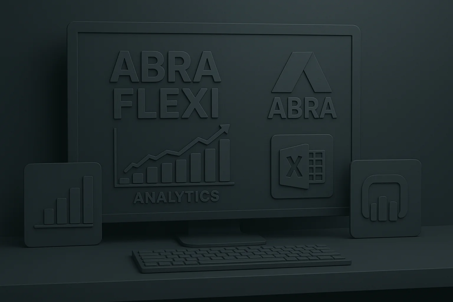 Grafické zobrazenie ABRA Flexi Analytics s ikonami pre Excel a Power BI, znázorňujúce prepojenie účtovného systému s analytickými nástrojmi.