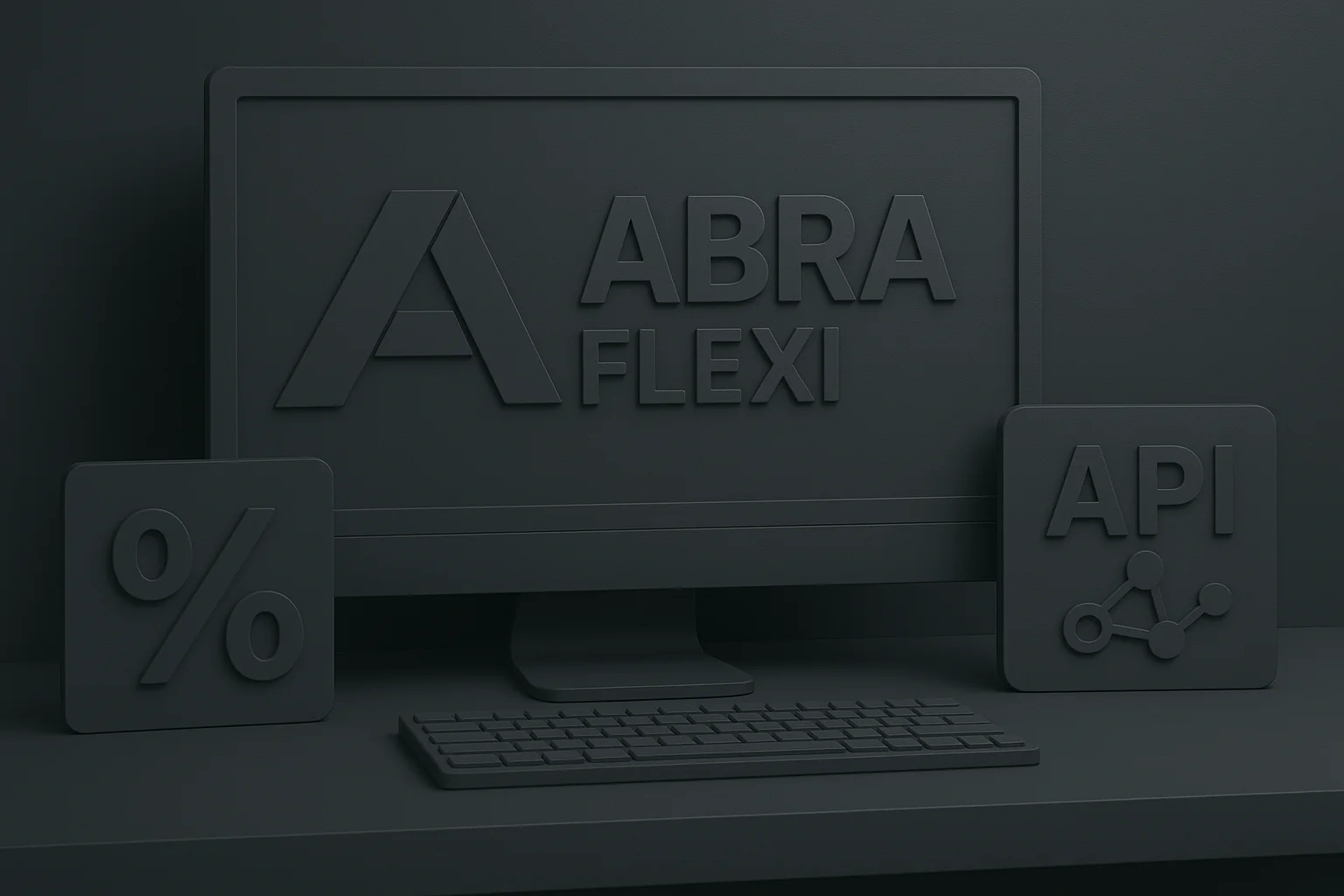 Logo ABRA Flexi zobrazené na monitore s ikonami pre percentá a API integráciu, znázorňujúcimi možnosti účtovania a automatizácie.