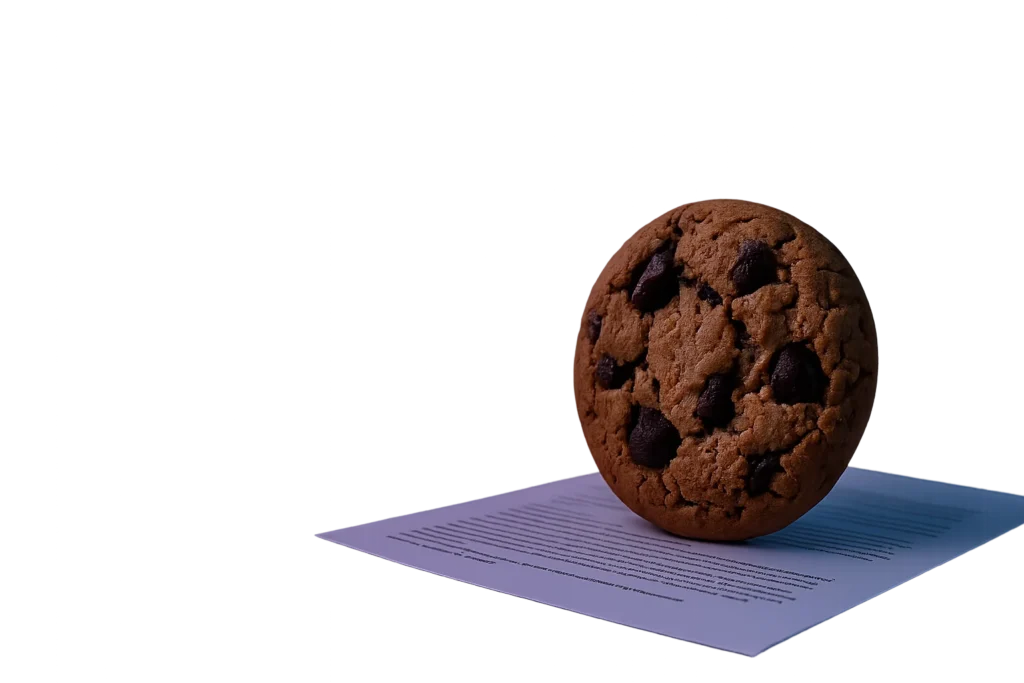 Čokoládový cookie umiestnený na dokumente s textom, symbolizujúci pravidlá používania cookies na webových stránkach.