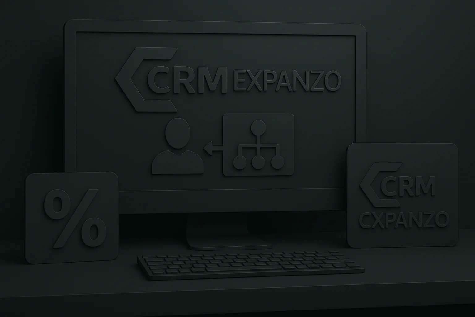 Logo CRM Expanzo na monitore s ikonami používateľa, organizačnej štruktúry a percenta, reprezentujúcimi správu zákazníkov a obchodných údajov.