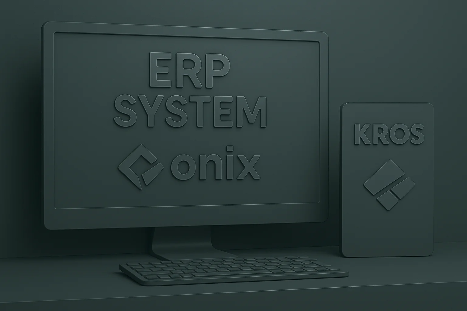 Logo ERP systému ONIX od spoločnosti KROS zobrazené na monitore, vedľa firemného loga KROS na samostatnej ploche.