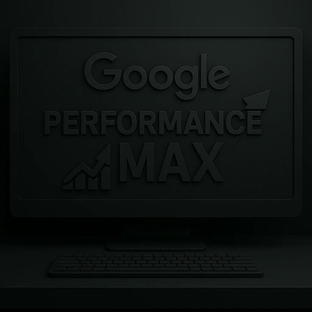3D render obrazovky počítača so zobrazeným logom Google a textom „Performance Max“ v tmavom minimalistickom štýle.