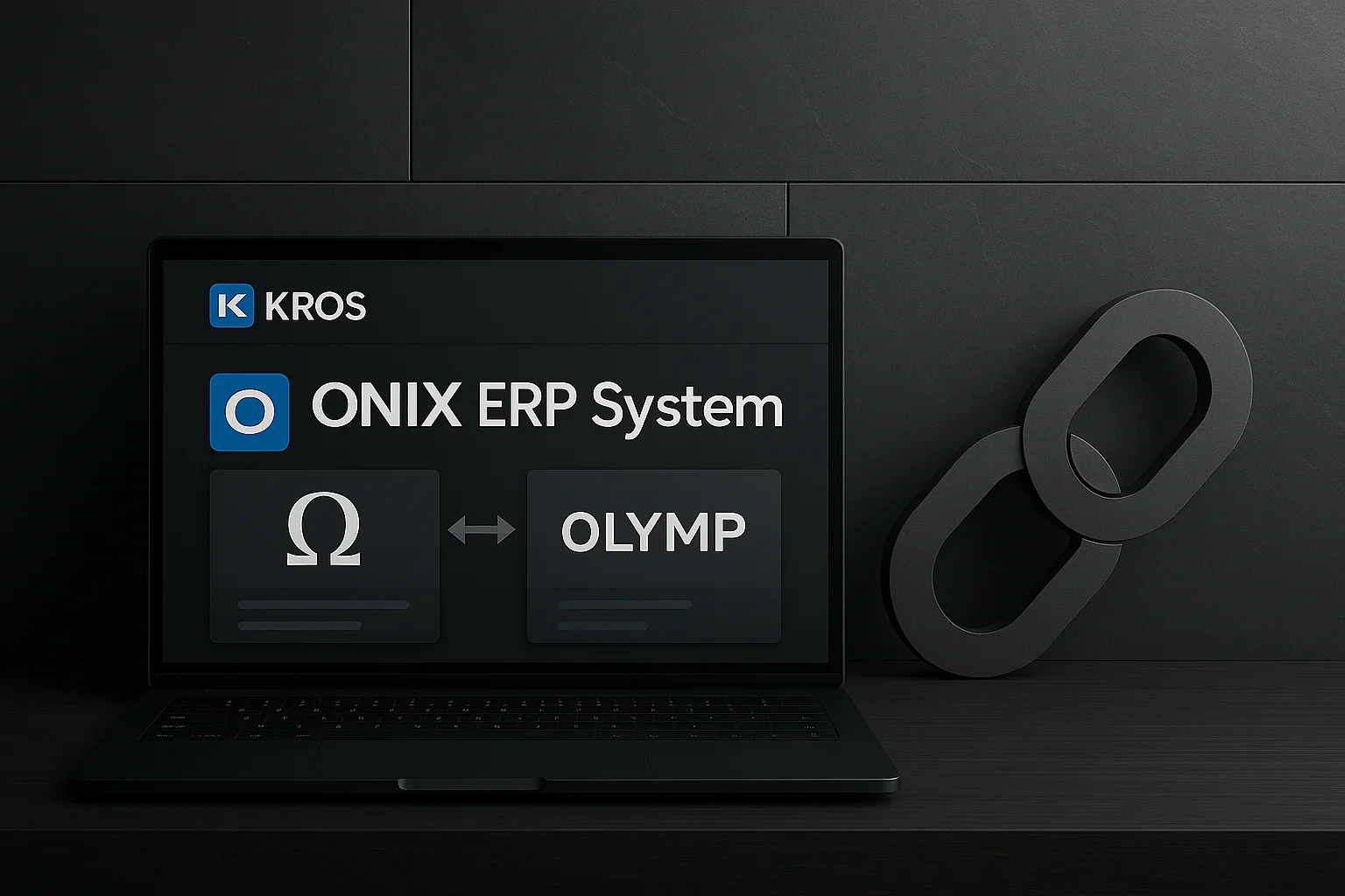 Zobrazenie ERP systému ONIX od spoločnosti KROS na obrazovke notebooku, s grafickým prepojením medzi modulmi Omega a Olymp.