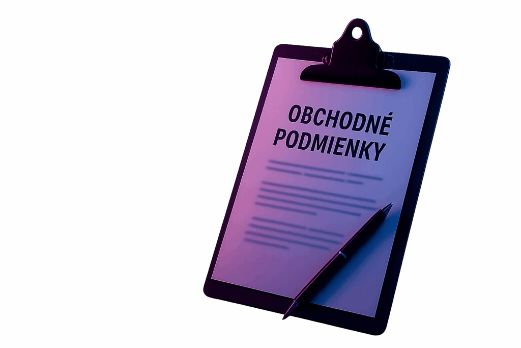 Dokument s názvom „Obchodné podmienky“ na podložke s klipom, osvetlený fialovo-modrým svetlom, s priloženým perom, na priehľadnom tmavom pozadí.