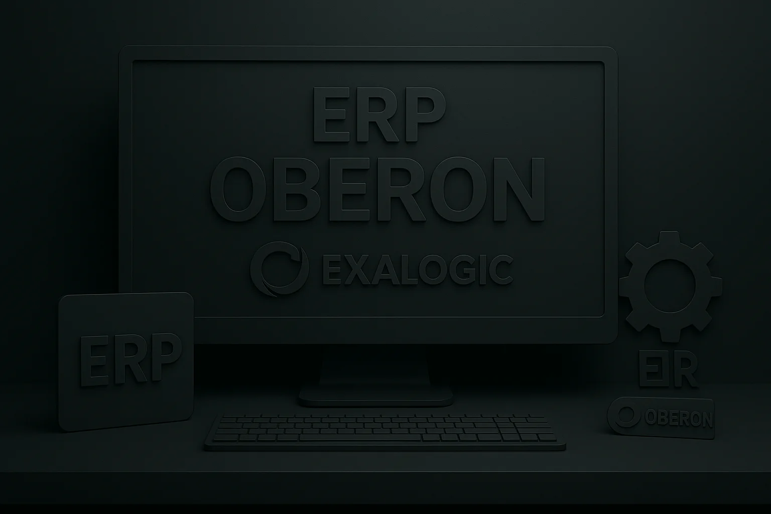 Logo ERP systému OBERON od spoločnosti EXALOGIC zobrazené na monitore s ikonami súvisiacimi s ERP a automatizáciou procesov.