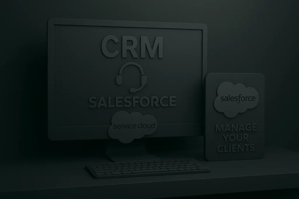 Obrazovka s logom Salesforce a nápisom „CRM – Service Cloud“ doplnená o ikonu headsetu a vedľajší panel s výzvou „Manage Your Clients“, symbolizujúca nástroj na profesionálnu správu zákazníckych služieb.