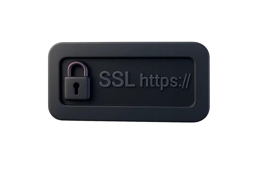 Zámok vedľa textu „SSL https://“ v štýle adresného riadku prehliadača, symbolizujúci zabezpečené pripojenie a ochranu dát.