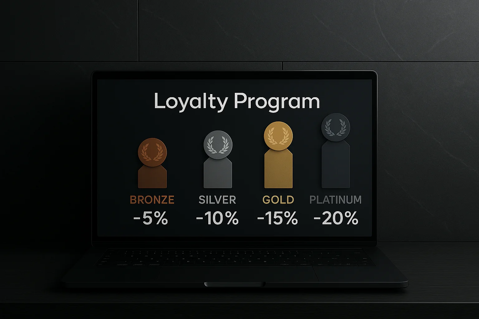 Štyri úrovne vernostného programu zobrazené na monitore: BRONZE (-5 %), SILVER (-10 %), GOLD (-15 %) a PLATINUM (-20 %).