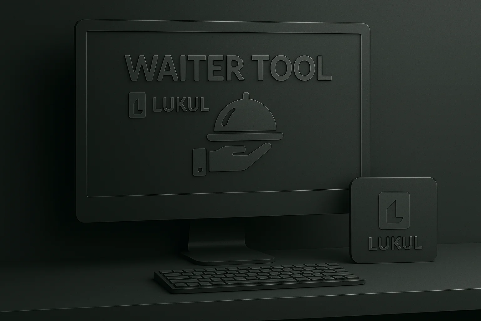 Obrazovka s nápisom „Waiter Tool – Lukul“ a ikonou ruky s pokrievkou, ktorá symbolizuje digitálny nástroj pre obsluhu v reštauráciách, doplnená o logo Lukul na monitore aj vedľajšom paneli.