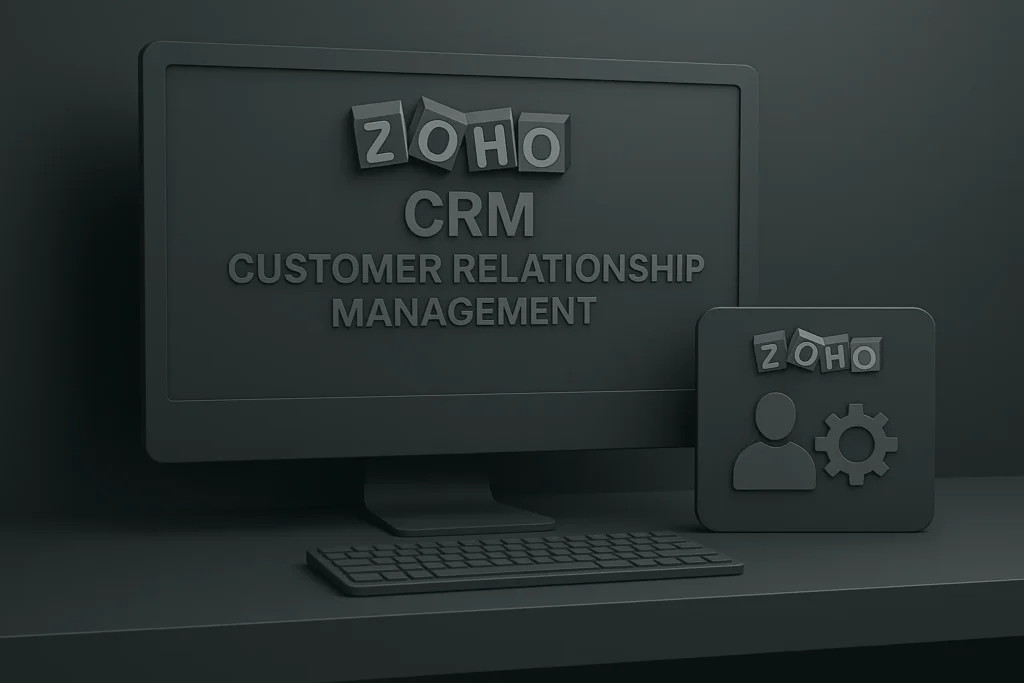 Počítačový monitor a ikona s logom Zoho zobrazujúce text „CRM – Customer Relationship Management“, symbolizujúce softvérové riešenie pre správu vzťahov so zákazníkmi.