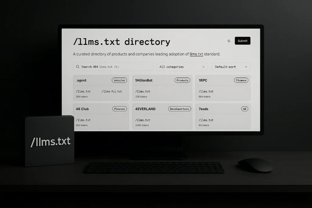 Monitor zobrazujúci adresár /llms.txt s vyhľadávaním a zoznamom firiem využívajúcich štandard llms.txt, doplnený klávesnicou, myšou a logom na podstavci.