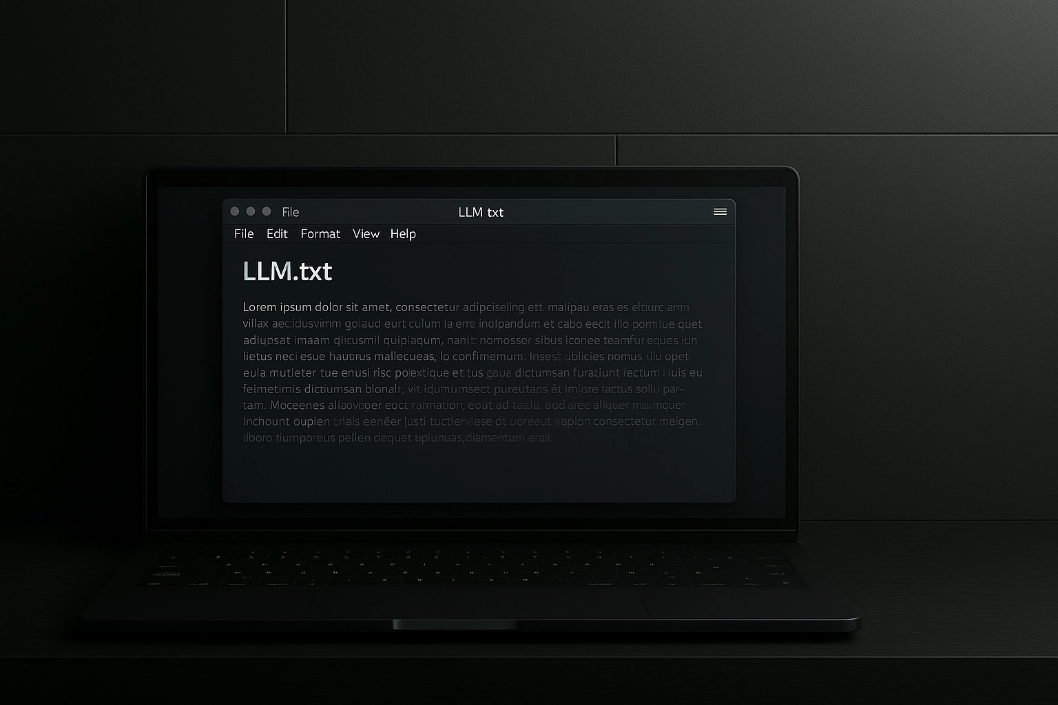 Notebook so zobrazeným tmavým textovým editorom, v ktorom je otvorený súbor s názvom „LLM.txt“ a ukážkový text Lorem ipsum. Ilustrácia predstavuje prácu s textovým dokumentom alebo dátovým súborom LLM v prostredí počítača.