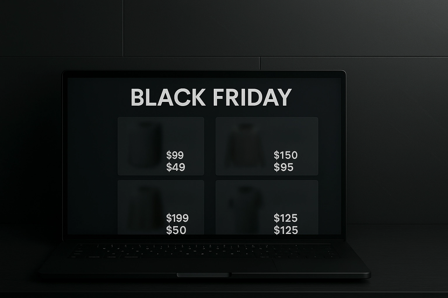 Notebook so zobrazenou reklamou na Black Friday výpredaj. Na obrazovke sú uvedené pôvodné a zľavnené ceny produktov, zvýrazňujúce výrazné zľavy počas akcie Black Friday.