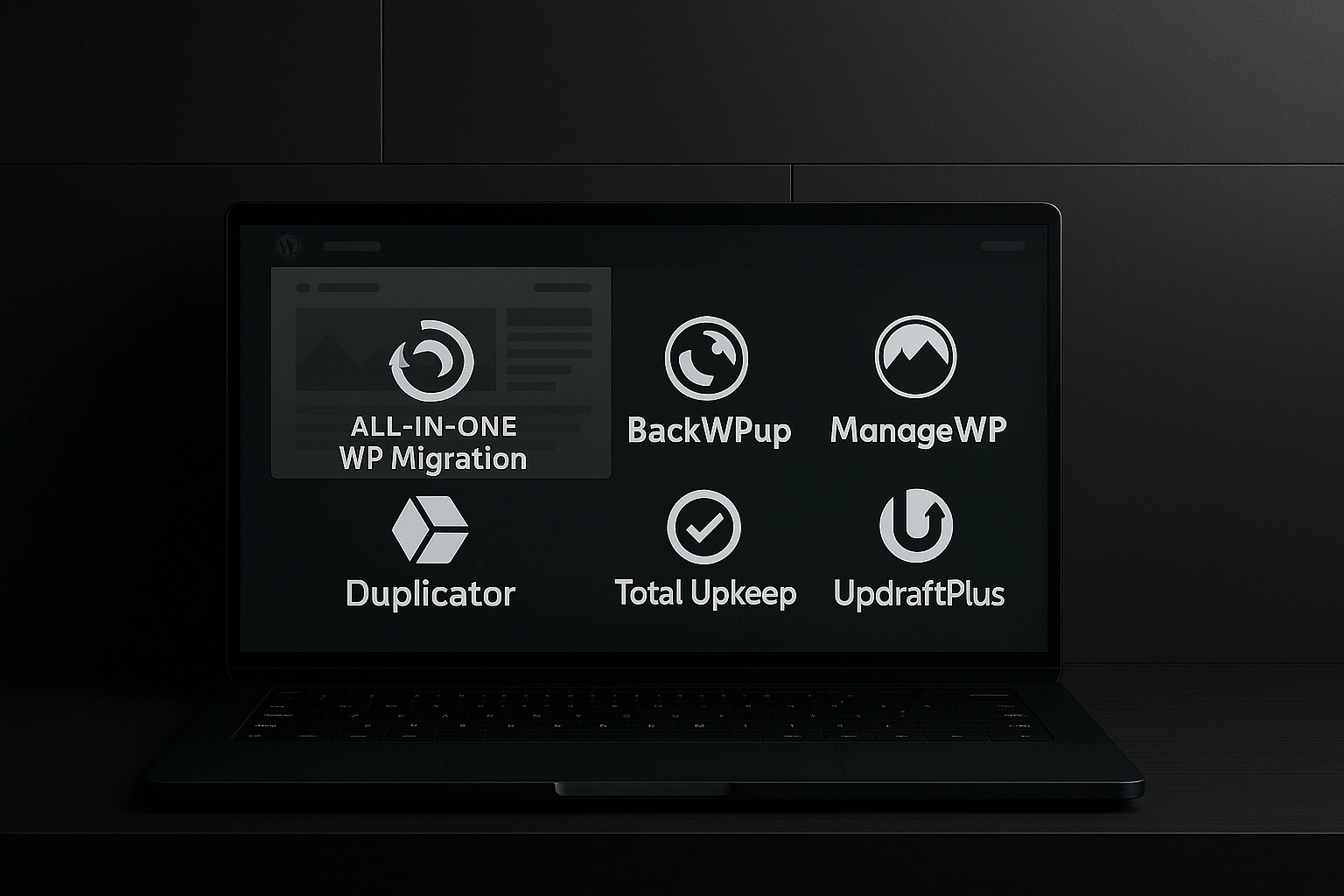 Notebook so zobrazenými ikonami a logami najznámejších WordPress pluginov na zálohovanie a migráciu webu – All-in-One WP Migration, BackWPup, ManageWP, Duplicator, Total Upkeep a UpdraftPlus – na tmavom pozadí. Ilustrácia predstavuje porovnanie a správu záloh WordPress stránok.